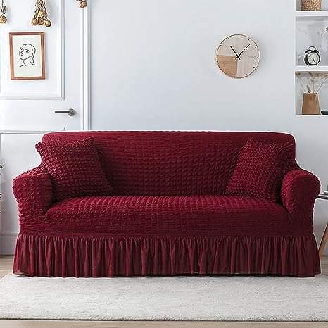 Ruffled Seersucker Sofa Cover (Bubble Fabric) - Color Maroon