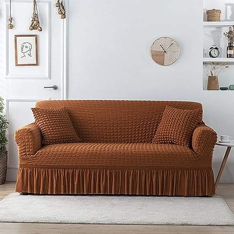 Ruffled Seersucker Sofa Cover (Bubble Fabric) - Color Copper Brown