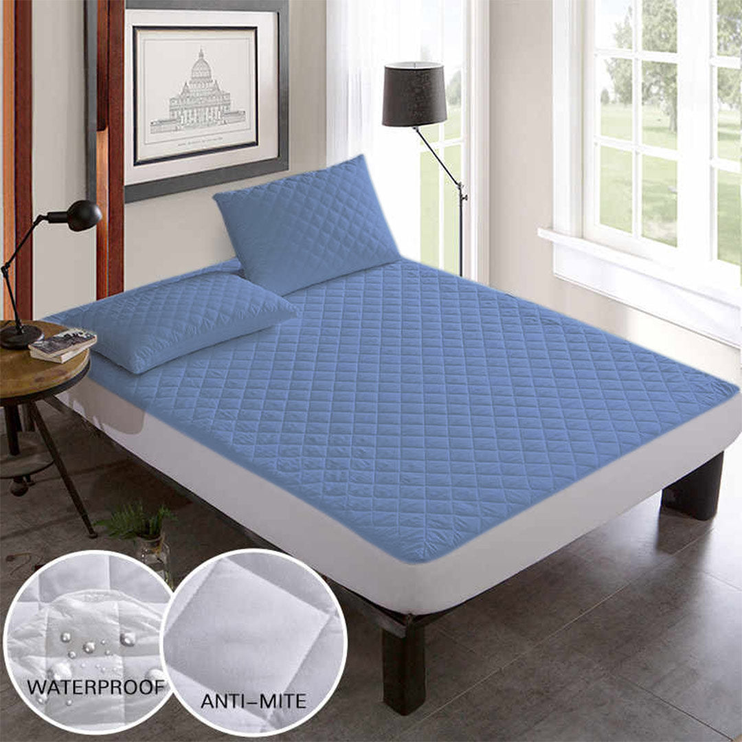 Quilted 3Layers Waterproof Mattress Protector Sky Blue